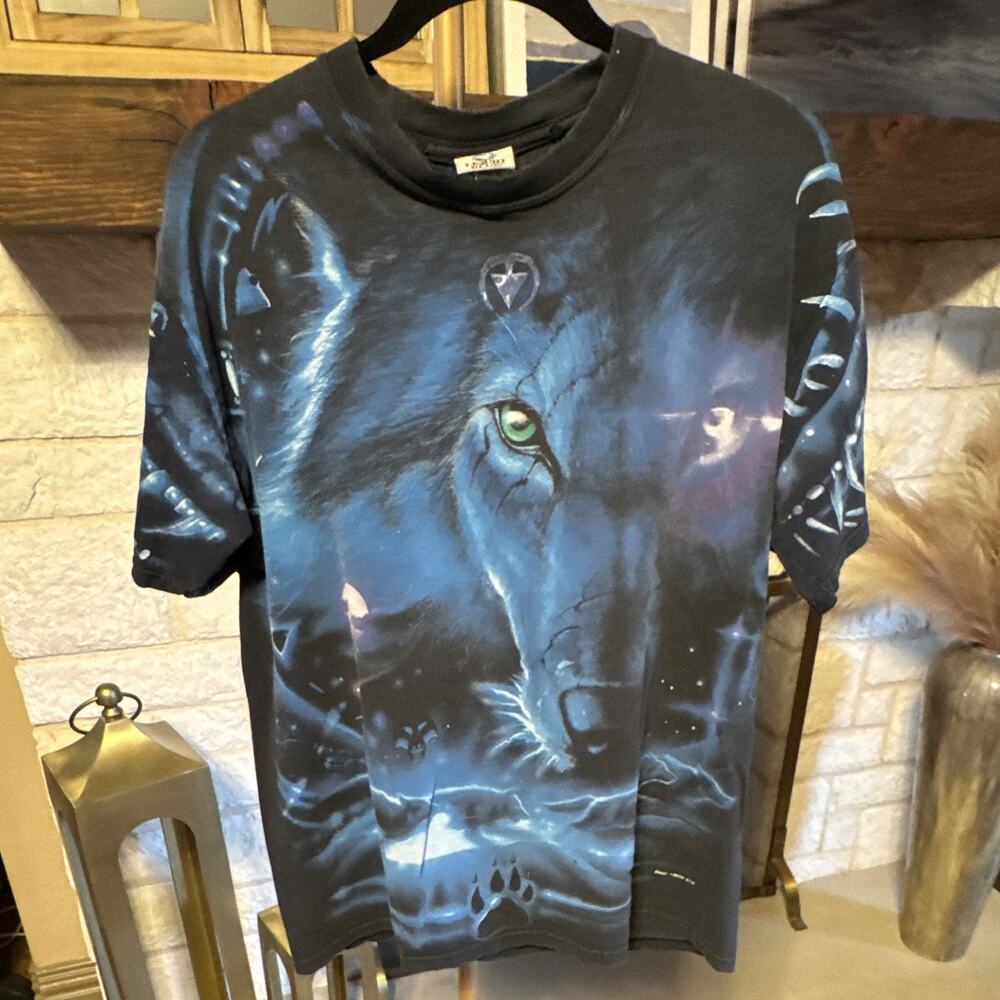 Vintage AOP Liquid Blue Wolf Graphic Double-Sided T-Shirt Black Blue Mens Size L